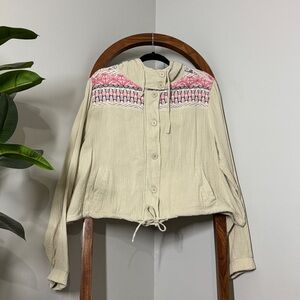 Torrid 3X Cream Cotton Gauze Embroidered Hooded Zip and Button Jacket